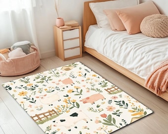 Farmhouse Animals Nursery Rug - Pigs and Cows Theme- Washable Non Slip Rug