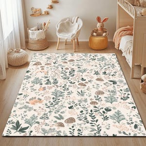 Alfombra de juegos suave para niños inspirada en el bosque: diseño de hongos, caracoles y hojas; alfombra de guardería ultra suave con funda de cojín de regalo