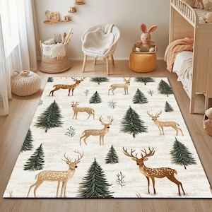 Cute Deers Rug for Woodland Nursery Decor - Nature Inspired Rug - Soft and Cozy