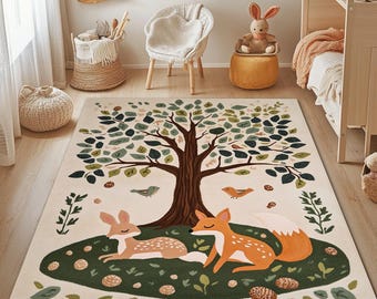 Woodland Animals Nursery Rug: Washable, Non-Slip Kids Play Area