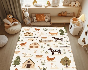 May include: A white play mat with a farm theme. The mat features a variety of farm animals, including cows, chickens, sheep, and pigs. There are also barns, fences, and trees on the mat.