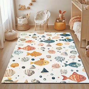 Colorful Ocean Fish Rug for Nursery - Underwater Baby Room Decor - Non-Slip Area Rug
