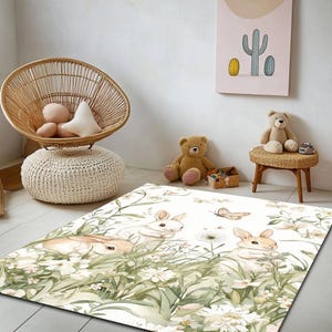 Rabbit Woodland Rug - Forest Animal Nursery Decor - Non Slip Rug - Green Nursery Rug