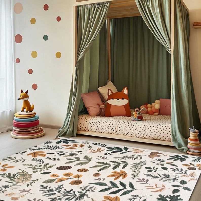 May include: A white and green patterned rug with leaves and acorns. The rug is in front of a wooden bed with a green canopy and a fox cushion.