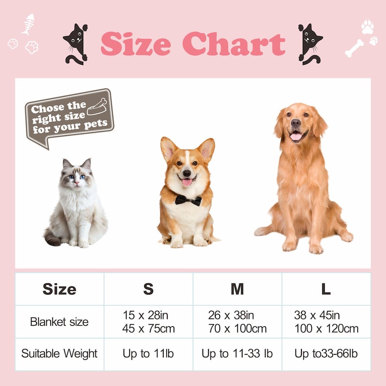 May include: A pink graphic with the text "Size Chart" and illustrations of a cat, a Corgi, and a Golden Retriever. The chart shows blanket sizes in inches and centimeters, and suitable weights in pounds.