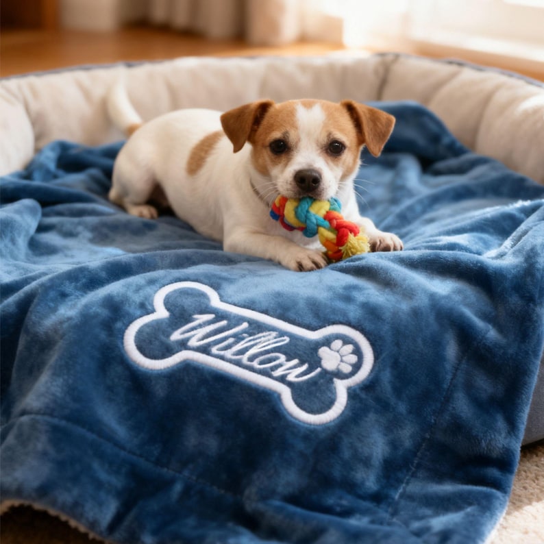 May include: A small dog with brown and white markings lies on a blue blanket inside a dog bed. The dog holds a colorful rope toy in its mouth. The blanket has a bone-shaped design with the name "Willow" embroidered on it.