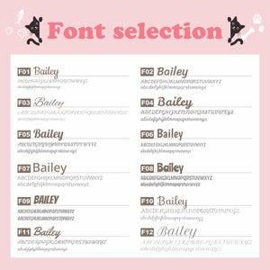 May include: A pink graphic with the text "Font selection" and illustrations of a cat and paw prints. The image displays 12 different font styles, each showcasing the word "Bailey" in various designs, along with the alphabet in each font.