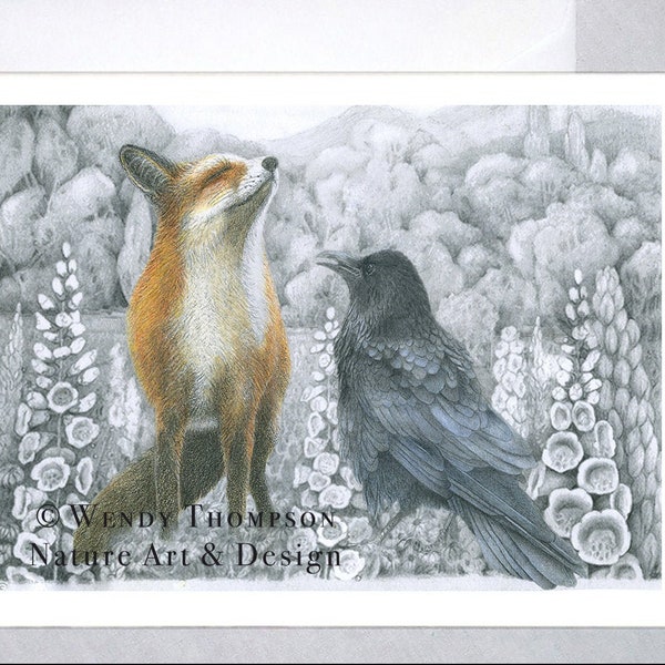 Raven and Fox Note card - Such good fortune, to have so many gloves - Graphite with Colored pencil - Original design, wildlife art