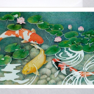 New Koi Bright - KOI art Grußkarten - Felsen Teich Kunst, Seerose, asiatischer Fisch Karpfen, Teich Lotus