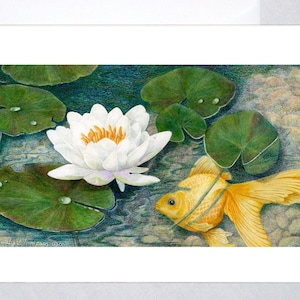 Ryukin Gold - arte com nenúfar, cartões com arte com peixinho dourado - pintura de lótus em lago de peixes