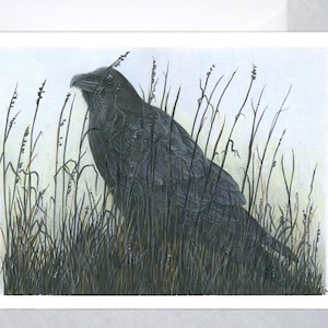 Solitude ~ Raven in reed grass - Peaceful meditative quietude.  RAVEN ART CARD with envelope.