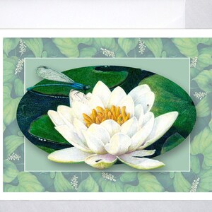 Donzela azul e nenúfar em cartão de nota em branco - design de arte natural de lírio d'água, arte de lagoa, donzela mosca lotus zen