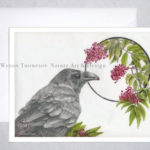 Carte d'art corbeau ~ « M'Lady sipping the sureau » ~ design nature corbeau avec des plantes