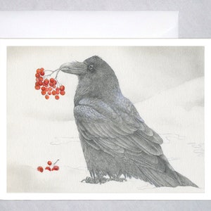 SOLSTICE RAVENS - 8 Solstice cards with envelopes, blank inside.  Raven gathers Rowan berries for celebration.
