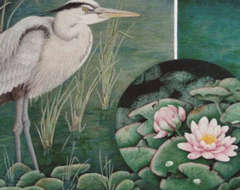 Blue Heron Print – Colored Pencil Drawing, Water Lily Pond Art