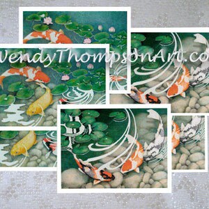 May include: A collage of five watercolor paintings depicting koi fish swimming in a pond with lily pads and rocks. The fish are orange, white, and black. The water is a light blue color. The background is a light green color. The text "WendyThompsonArt.com" is visible in the top right corner of the image.