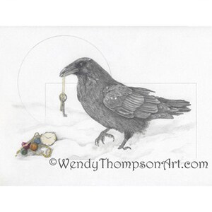 May include: A black and white pencil drawing of a raven holding a key in its beak. The raven is standing on a snowy surface with a small pile of colorful beads and a watch in the foreground. The drawing is signed "WendyThompsonArt.com" in the bottom right corner.