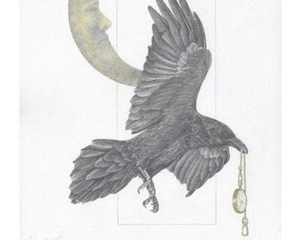 Raven and Pocket Watch Art Print, Corvid Graphite Drawing