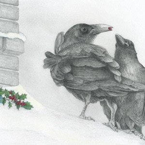 Rabe Kunst Blanko-Grußkarten - Originaldesign, Feiertags-, Weihnachtsdekor, Federn & Schnee, Rabe