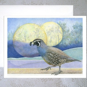 VOGELKARTE KUNST KART mit Umschlag ~ ""The Messenger"" California Quail auf blanko Notizkarte - bird art art design, printable unicolor, Fantasie Mond Luna."