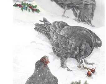 Holiday Ravens - CHRISTMAS CARDS - 6 cards with envelopes, Christmas Raven fantasy fun, holly berry lichen rose hips treasure