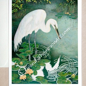 Egret art, Great White Egret in natural habitat - water bird art on blank note card, water lily pond, Narcissus reflection fantasy