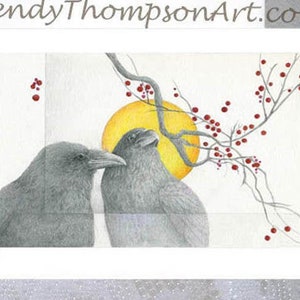 RAVEN ART CARD with envelope ~ Oriental Moon, ravens, red berries, solar eclipse, sun and moon