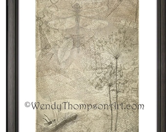 Open edition print original design  DRAGONFLY & LACE Etching with feather ~ Home decor Nature art, wildflowers, queen anne's lace, dragonfly