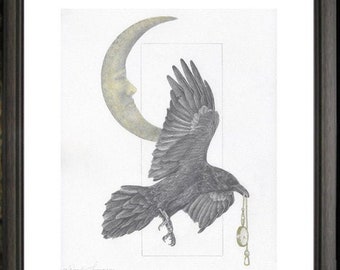 RAVEN ~ Corvid art~ Open edition print original graphite drawing, Nature bird wild life fantasy art, moon luna pocket watch home decor