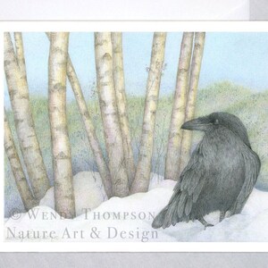 CARTE D'ART CORBEAU avec enveloppe ~ « Winter's First Snow » Corbeau dans la neige - oiseau art nature, saisonnier