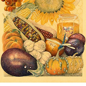 Tarjeta con póster del mercado de agricultores: frutas y verduras, miel, ajo y hierbas. Diseño original en lápiz de color, arte natural de jardinería orgánica.