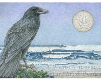 RAVEN ART CARD with envelope ~ "Buy Me the Moon"   Raven with Sand dollar Moon over the Ocean- sea shells, nature design, fantasy moon luna
