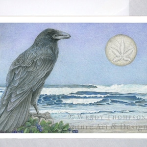 RAVEN ART CARD con sobre ~ "Cómprame la Luna" Cuervo con Luna de dólar de arena sobre las conchas marinas del océano, diseño de la naturaleza, luna de fantasía