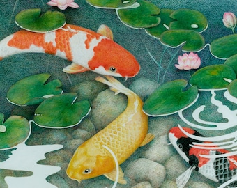 Koi Pond Art Note Cards – Asian Fish, Water Lilies