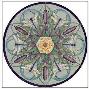 Mandala mit Rohrkolben, Libellen, Heilkunst, Karte - Originales Natur Design, Entomologie, Botanik, Biologie