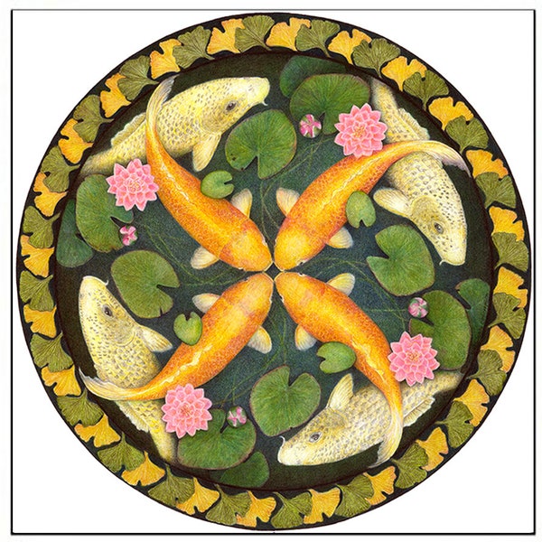 Ginkgo Koi Mandala mit Seerosen - Heilkunst, leere Grußkarte - Original Design in der Natur, Botanik, Entomologie, Biologie