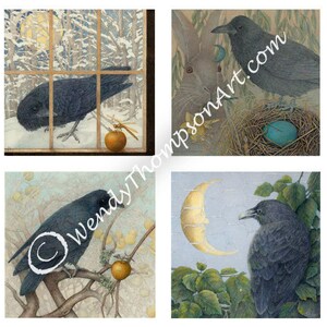 Conjunto de cartões Ravens Four Seasons Note - Raven art - Conjunto de 4, Corvid fantasia luna moon, Celtic Eostre hare, Primavera Verão Outono Inverno
