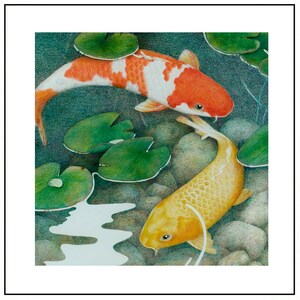 May include: Two koi fish swimming in a pond. One is orange and white, the other is yellow. They are surrounded by green lily pads and rocks.
