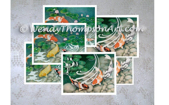 Koi Pond Art Note Cards - Set of 6, Water Lily & Asian Carp