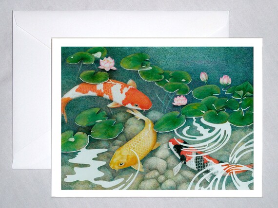 Koi Pond Art Note Cards – Asian Fish, Water Lilies
