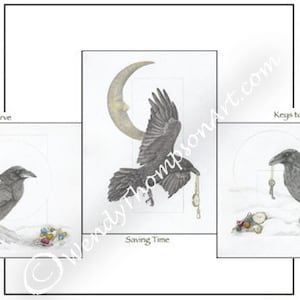 Cartões de notas de arte Raven - Conjunto de 6, dois de cada design original: relógio de bolso, bolinhas de gude, chaves mestras, lua, lua, corvid, penas de corvo e neve