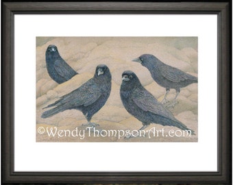 CROWS ~ Fantasy art, Open edition print from original colored pencil drawings ~ Corvid Crow story, feathers whimsy, Summer beach dunes