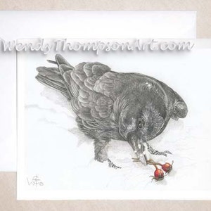 Cuervos, escaramujos y nieve - Tarjetas de notas Holiday Raven - Diseño original Arte de cuervo, arte córvido, plumas de cuervo, escaramujos en invierno