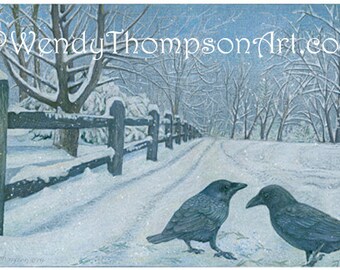Crows Winter Road Art Print, Colored Pencil Drawing