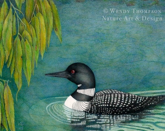 Loon & Willow Art Card – Colored Pencil Bird Illustration