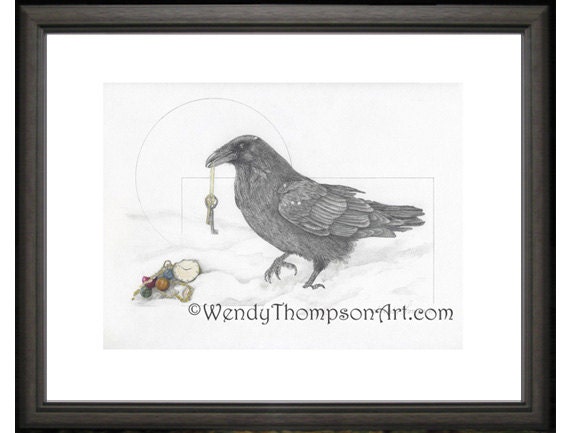 Raven Print, Graphite Pencil Drawing, Skeleton Key, Corvid Art