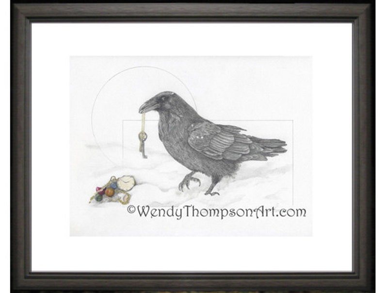 May include: A black and white pencil drawing of a raven holding a key in its beak. The raven is standing on a snowy surface with a small pile of colorful beads and a watch in the foreground. The drawing is signed "WendyThompsonArt.com" in the bottom right corner.