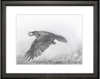 RAVEN and Moon Open edition print from original pencil drawing, Nature art, moon luna feathers, fantasy home decor, morning glory wildflower