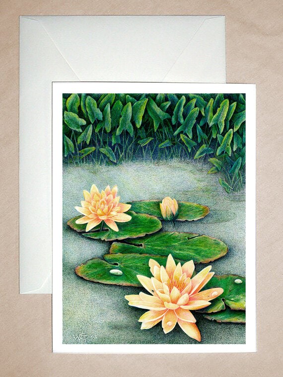 Koi fish swimming in pond with water lilies oil painting print blank stationery notecard greeting card 4 x 6 and 5 x 7 sizes