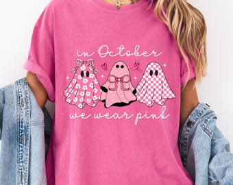 In October We Wear Pink Shirt, Breast Cancer Awareness Shirt, Comfort Colors® Cancer Warrior T-Shirt, Pink Ribbon Tee